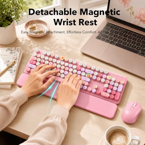 Image of Wireless Keyboard and Mouse Combo, Retro Typewriter Style Keyboard with Round Keycaps, Magnetic Wrist Rest, Full-Size 2.4GHz Cordless for Mac, Windows PC, Laptop, SABLUTE CK23, Cotton Candy Pink