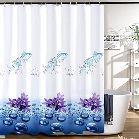 Shower Curtain, Blue, 180 x 180 cm, Shower Curtains, Flowers, Water Droplets, Shower Curtain, Anti-Mould, Waterproof with 12 White Shower Curtain Rings, PEVA, Suitable for Bathroom Cover