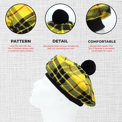 Image of Scottish Tam O' Shanter Hat Tartan Bonnet Pom Pom Wool Flat Cap One Size