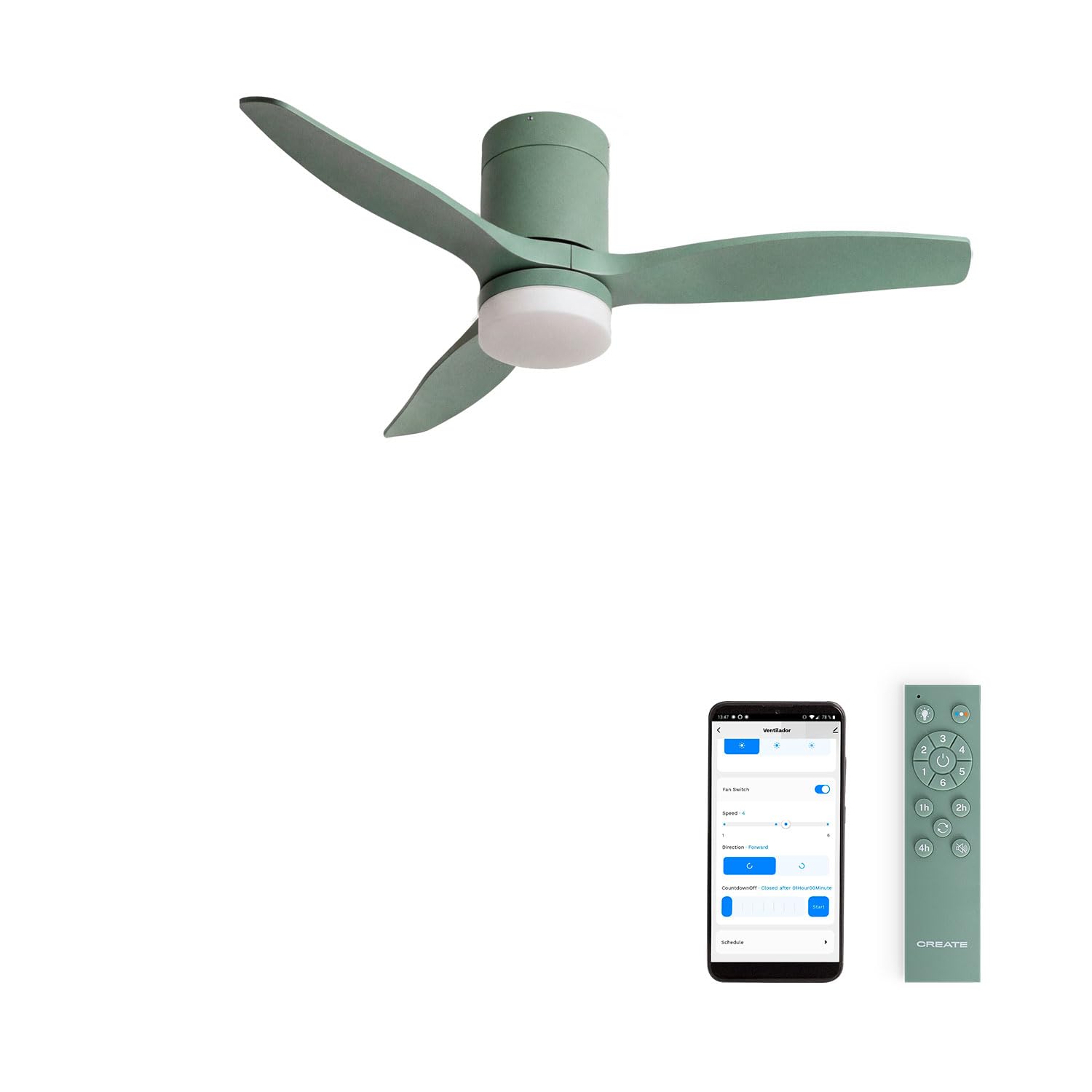 CREATE / WINDCALM S/Ventilador de techo ABS con luz verde sage con Wifi y mando / 40W, Silencioso, Ø112 cm, 3 temperaturas de luz, temporizador, función verano-invierno