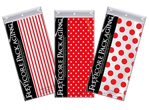 Flexicore Packaging | Pin Stripe & Polka Dot Gift Wrap Tissue Paper | Size: 15 Inch X 20 Inch | Count: 300 Sheets | Color: Red | DIY Craft, Art, Wrapping, Decorations