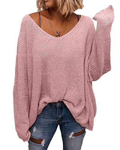 Image of BZB Women's V Neck Long Sleeve Knit Loose Oversized Pullover Sweater Top