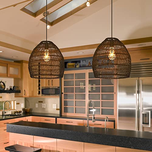 Aeyee Bamboo Pendant Light Fixture Boho Style 1 Lights Rattan Pendant Lamp Woven Hanging Light for Kitchen Island Nursery in Black(13.7" W) - Image 4