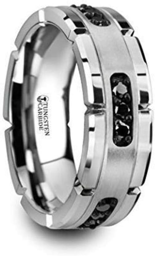 ThorstenThorsten Valor Grooved Tungsten Ring Wedding Band with Silver Inlay and 1/4-Carat tw Black Diamonds 8mm Custom Personalized Inside Engraved