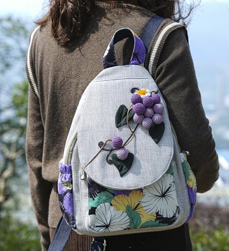 Image of Womens Boho Cotton Hemp Cloth Backpack Boho Vintage Embroidered Casual Purse Handbags Messenger Bag Wheat Ears