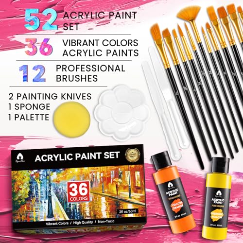 image for VigorFun 52 PCS Acrylic Paint Set with 12 Brushes, 2 Knives and Palett
