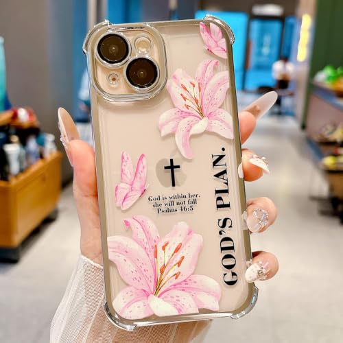 Coque iPhone 14 avec verset de la Bible en TPU transparent anti-choc rose argent