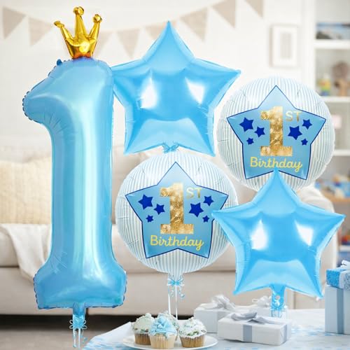 Image of 1st Birthday Foil Balloon Set Blue Number 1 Crown Balloon with Star and Round 1st Birthday Balloons for Baby Boy First Birthday Party Decoration - Pack of 5