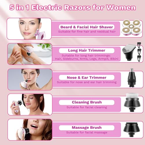 Electric Razors for Women, 5 in 1 Lady Shavers, Electric Shaver for Women, Wet/Dry Bikini Trimmer, Rechargeable Facial Hair Removal, Painless Shaver Razor for Arms Legs Armpit Pubic Area - image 3