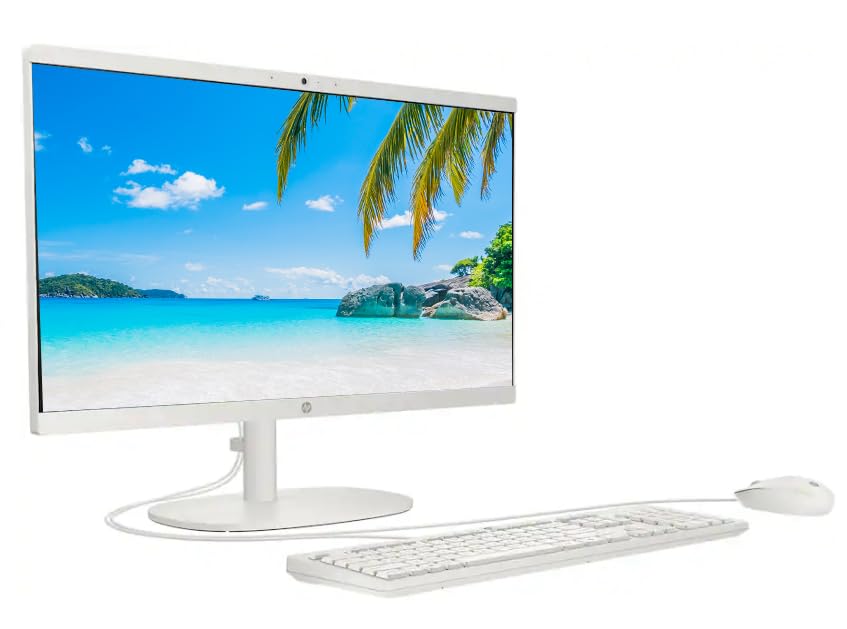 Image of HP 21.5 inch FHD All-in-One Desktop Computer, Intel Quad-Core Processor, 8GB DDR5 RAM 640GB Storage (128GB UFS+512GB Docking Set), Windows 11, Wired Keyboard and Mouse, NLY Earphones, Cashmere White