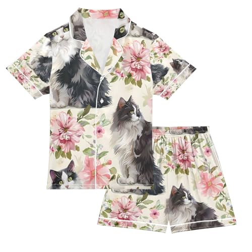 senya Flower Cat A Satin Summer Pajama Sets Silk Short Sleeve Button Down Sleepwear