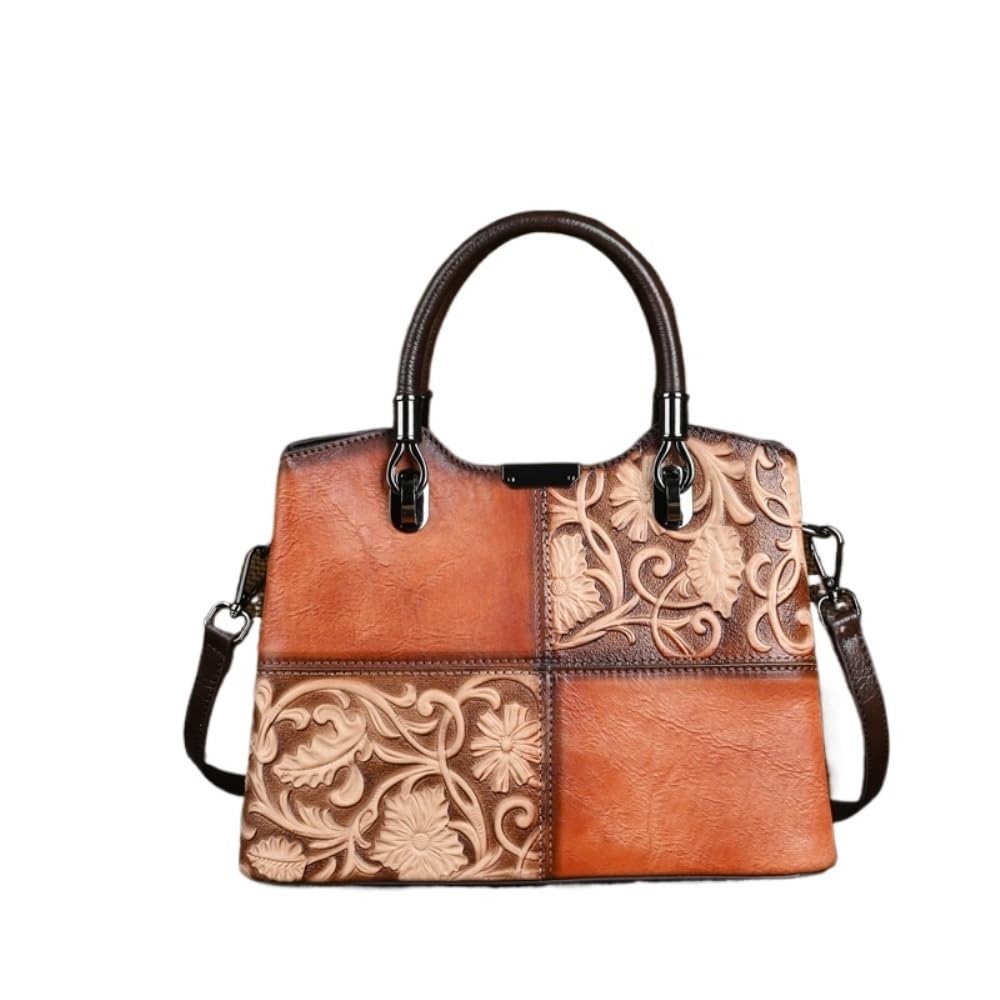 mmaili Minimalist Women's Vegetable-Tanned Leather Bucket Bag - Retro Embossed Hand-Distressed Handheld & Crossbody Bag(Brown)
