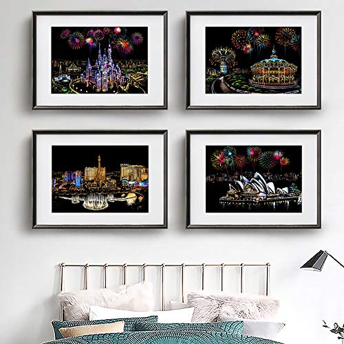 Scratch Painting Kits, Craft Art Set for Adults & Kids, Rainbow Sketch Painting Paper, Scratchboard, 16\'\' x 11.2\'\' - 5 Pack with 9 Tools(Amusement Park / Castle / Las Vegas / Sydney / Hot Air Balloon)