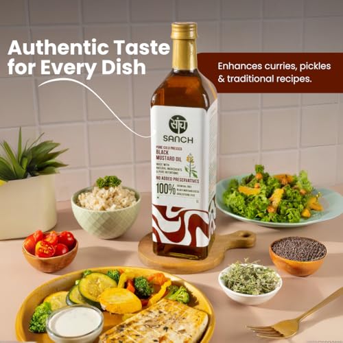 Image of Sanch Cold Pressed Black Mustard Oil 1 Litre | Kacchi Ghani Sarson Oil | Sarso Ka Tel | Rich in Omega-3 | Natural Aroma and Flavour | Suitable for Daily Cooking & Deep Frying |1L Plastic Bottle
