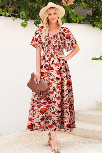 Dokotoo Womens Dresses 2025 Square Neck Tie Backless Summer Dresses Cap Sleeve Floral Buttoned Empire Waist Maxi Dress2