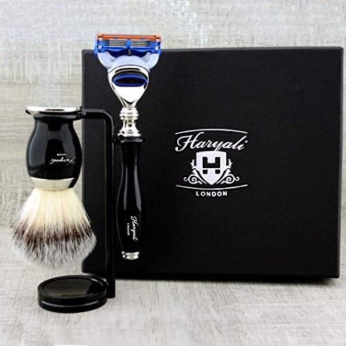 Haryali London 3 Pc Mens Shaving Kit 5 Edge Razor with Synthetic Badger Hair Shaving Brush and Stand Perfect Gift Set for Men
