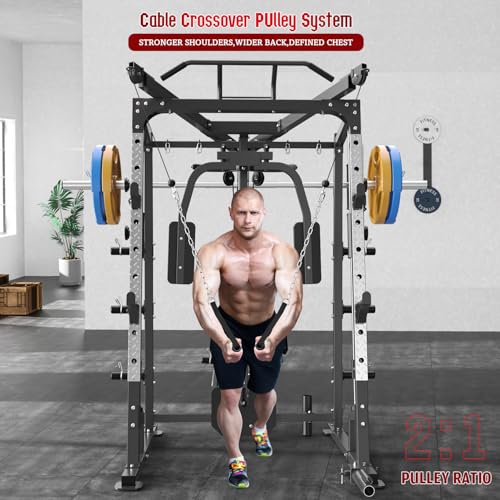 Image of SunHome Smith Machine, 2000LBS Power Cage Squat Rack with Smith Bar, LAT Pull-Down Systems, Cable Crossover Machine for Home Gym