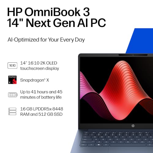 Image of HP OmniBook 3 14 inch Next Gen AI PC, 2K Display, Snapdragon X X1-26-100, 16 GB RAM, 512 GB SSD, Qualcomm Adreno GPU, Windows 11 Home, Starlit Blue, 14-hz0688nr