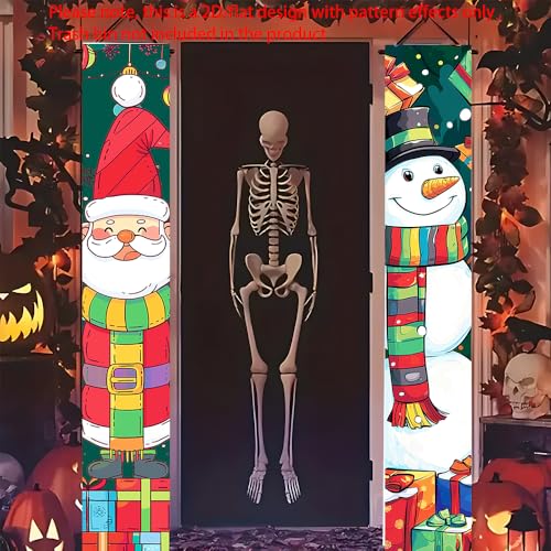 Image of Christmas Couplets Banner 71 x 12 Inches Santa and Snowman Cartoon Design with Gift Boxes and Ornaments Festive Vertical Door Hanging Decoration for Holiday Entryway Porch or Home Party Scene