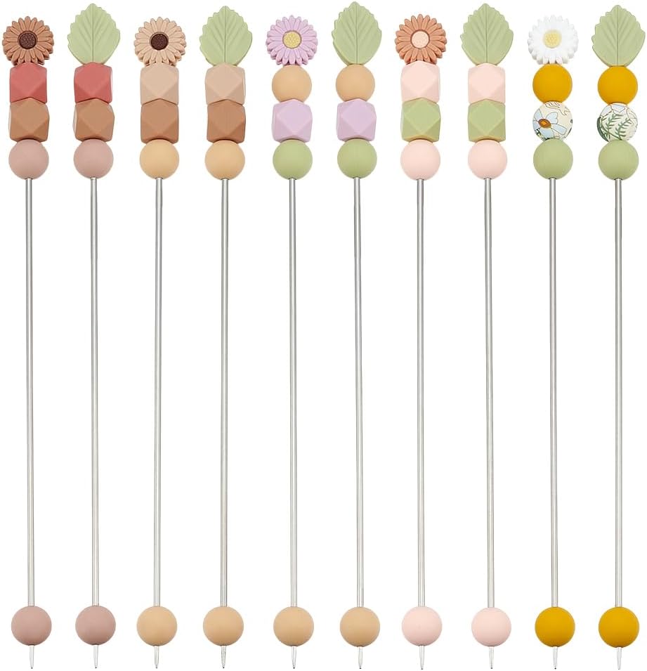 FREEBLOSS 10pcs Knitting Needles Set Stainless Steel Double Pointed Crochet Needles with Silicone Flower Beads Knitting Crochet Supplies Stick Pins for Crafts