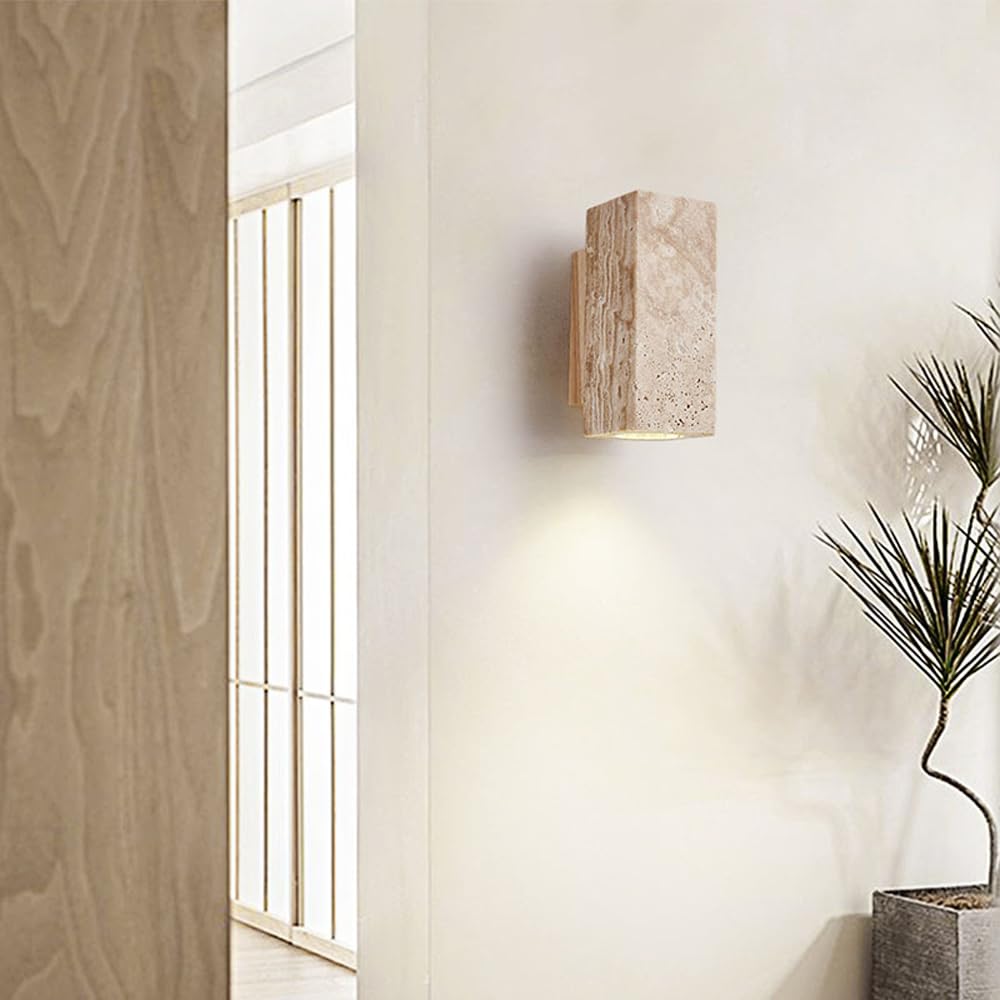 Applique carrée en pierre de travertin jaune E27/E26, luminaires muraux de style Wabi Sabi pour salon, lampe murale à base de grain de bois transparent pour espaces de vie, chambres à coucher,