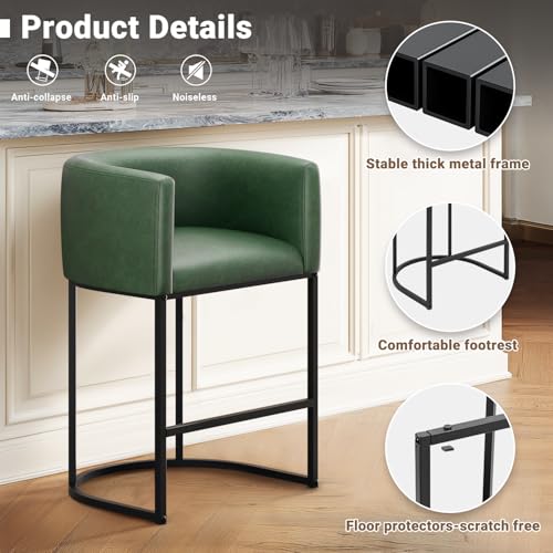 Image of 26 inch H Counter Height Bar Stools Set of 1, Modern Barrel Counter Stools with Backrest and Arms, Faux Leather Upholstered Accent Barstools for Kitchen Island,Support 450 LBS (Green)