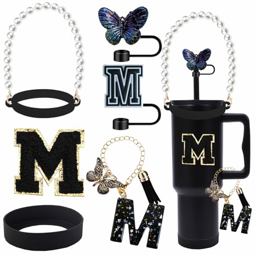 RNFVJH 7 Pcs Cup Accessories for Stanley Cup Water Bottle Handle Strap 0.32in Letter Straw Cover Silicone Boot Initial Handle Charm Letter Sticker for 30&40 Oz Tumbler with Handle (Black M)