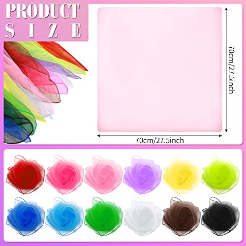 12 Pcs 50s Retro Chiffon Sheer Square Neck Head Scarf for Women Handkerchief Lightweight Satin Ribbon Scarf Hemmed Sheer Neck Scarf Juggling Dance Scarf Set, 27.5 x 27.5 Inches (Retro Color)2