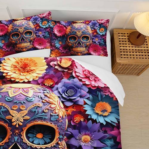 Image of Pink Sugar Skull King Size Comforter Set,Girls Colorful Floral Skull King Size Bedding Set,with 1 Comforter with 2 Pillow Case