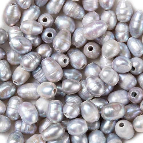 Image of Beadthoven 100pcs Natural Oval Freshwater Pearl Beads 7~10mm Large Hole Rice Shape Pearl Beads for Leather Cord Jewelry Making DIY Crafts 7~10mm (Gray)