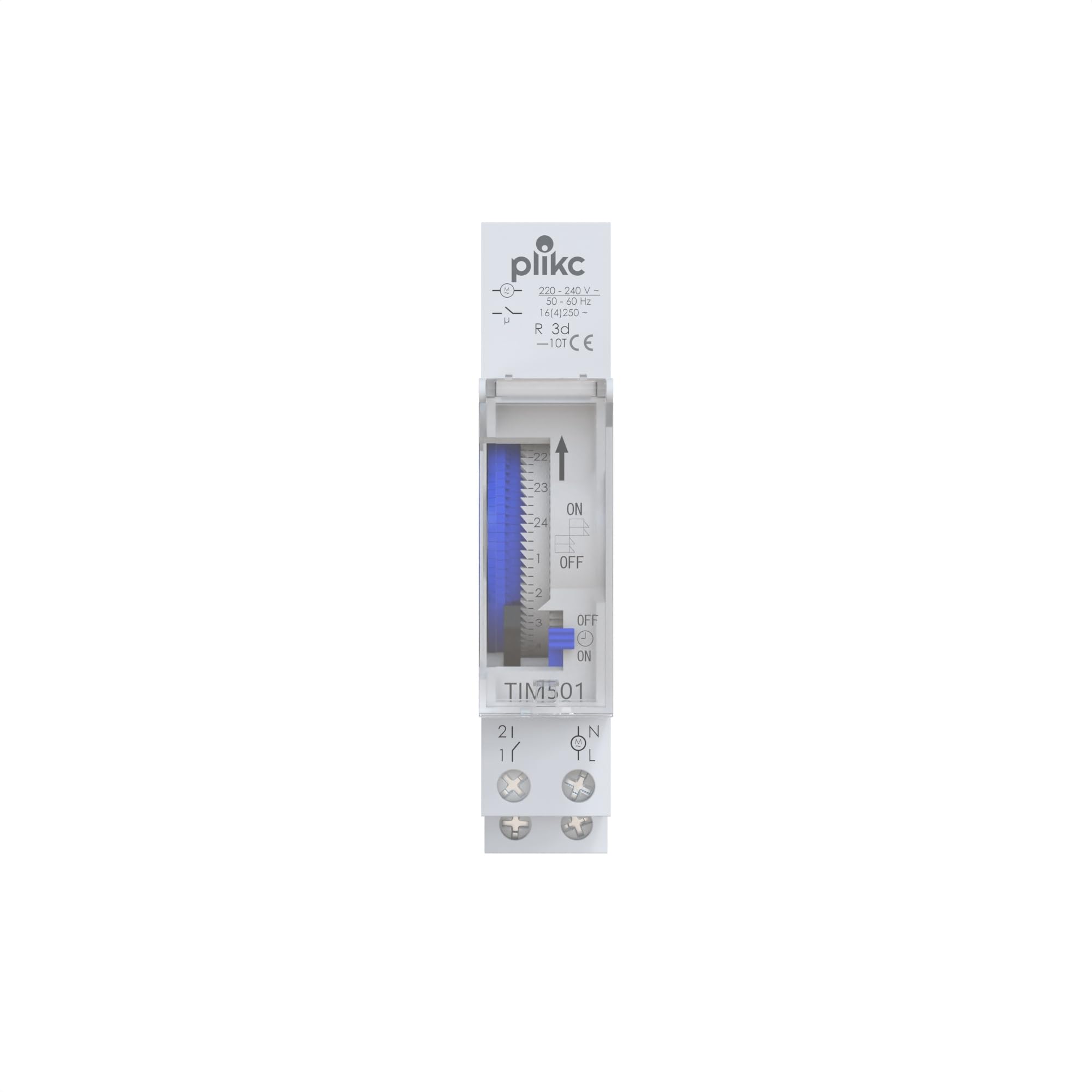 Plikc TIM501 - Interruptor horario electromecánico de Caballeros (programación Diaria, instalación en Barra DIN 1 módulo, Reserva de Marcha 72 Horas)