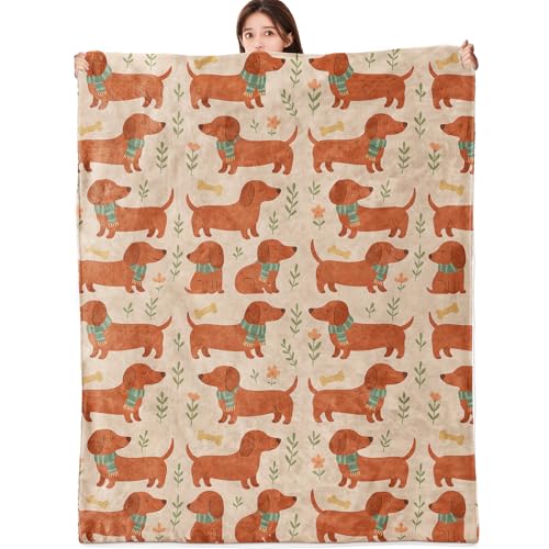 vnlvnl Cute Dachshund Dog Blanket Lightweight Flannel Blankets Gifts for Pet Lovers with Cartoon Puppy and Floral Printed Throw for Couch Chair Office Bedroom Fall Winter Decor, 60x50inch
