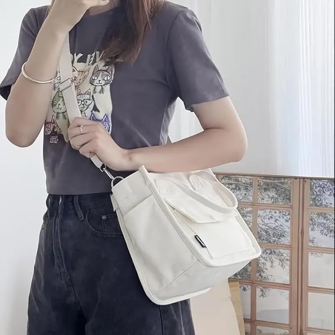 Canvas Tote Bag with Multiple Pockets and Detachable Shoulder Strap, Edge Painted, Reusable Grocery Shopping Bags, White