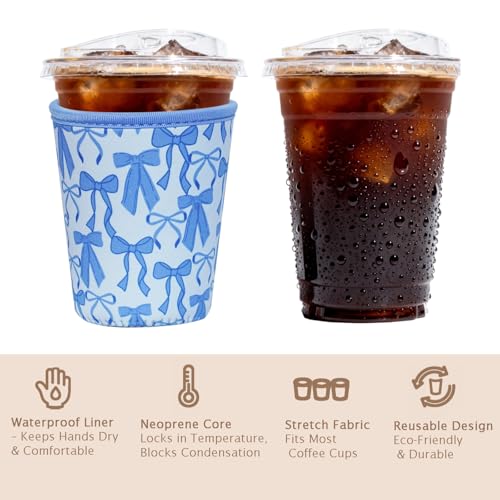 Image of Reusable Insulated Sleeve for Iced Coffee Cup, Coffee Neoprene Sleeve for Cold & Hot Drinks, Beverage Holder for Iced Coffee (Blue Bows, Large: 32oz)