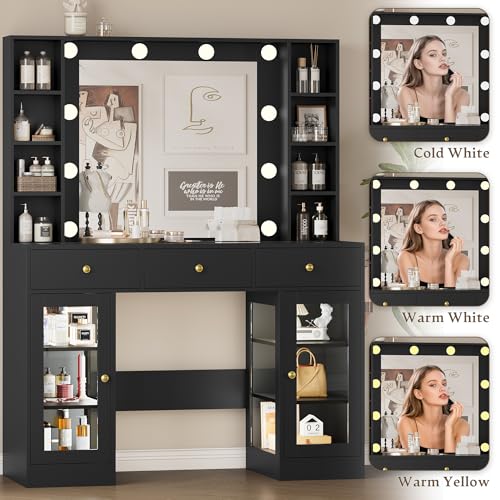 Image of Wodeer Makeup Vanity Desk with Mirror and Lights, Black Vanity with Glass Top, LED Lights & Power Outlet, 3 Drawers & 2 RGB Glass Cabinets, Adjustable Lighted Dressing Table for Women & Girls Bedroom