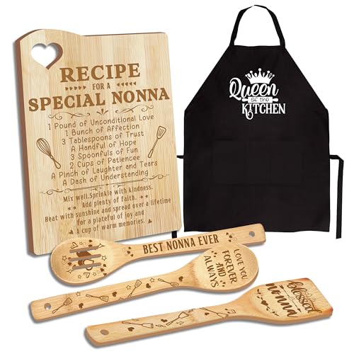 Mothers Day Nonna Gifts, Gifts for Nonna for Grandma Wooden Cutting Board with Cooking Utensils Set with Apron, Mothers Day Nonna Gift from Grandkids Kitchen Set