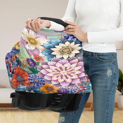 Image of Mandala Flower Car Seat Covers Multi-Purpose Decorative Pram Dust Protector Breastfeeding Scarf Durable Stroller Canopy Covers Washable Breastfeeding Shawl