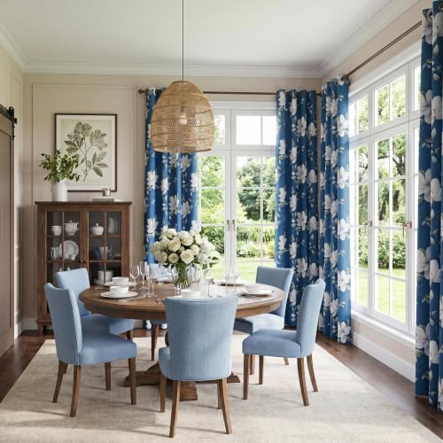 Image of MYSKY HOME Floral 95% Blackout Curtains 84 Inch Long 2 Panels Set for Kitchen White Flower Printed Thermal Insulated Light Blocking Black Out Grommet Window Treatments, 52 inch W Each Panel, Blue