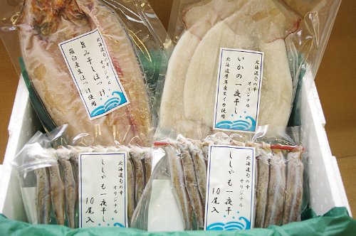 北海道産 定番干物セット ( ほっけ 、 ししゃも (オス・メス)、 イカ 一夜干し の4種を詰め合わせ