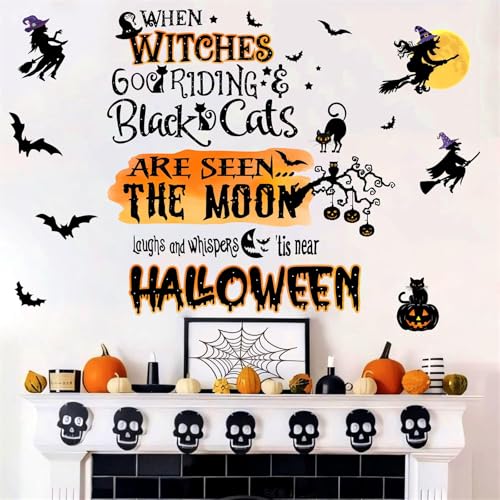 Halloween Wall Stickers Halloween Decoration Decals for Wall Witch Bats Decals Peel and Stick Stickers Funny Quotes Wall Art Murals for Living Room Bedroom Home Halloweens Party Favors Decor