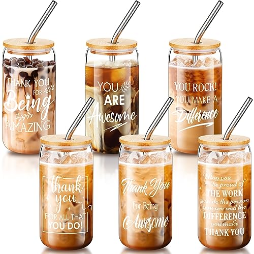 Inbagi 6 Pcs Thank You Gifts Glass Cups 16oz Coffee Glass Cups with Bamboo Lids and Straws Inspirational Glass Coffee Mugs Inspirational Drinking Jars Inspirational Gifts for Coworker Teacher