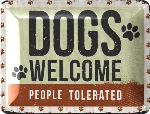 LANOLU Blechschild Hund - DOGS WELCOME - Deko Hund Geschenke für Hundeliebhaber in retro Shabby Chic Optik - Vintage Dekoration als Geschenk für Hundefreunde aus Metall, 15x20cm