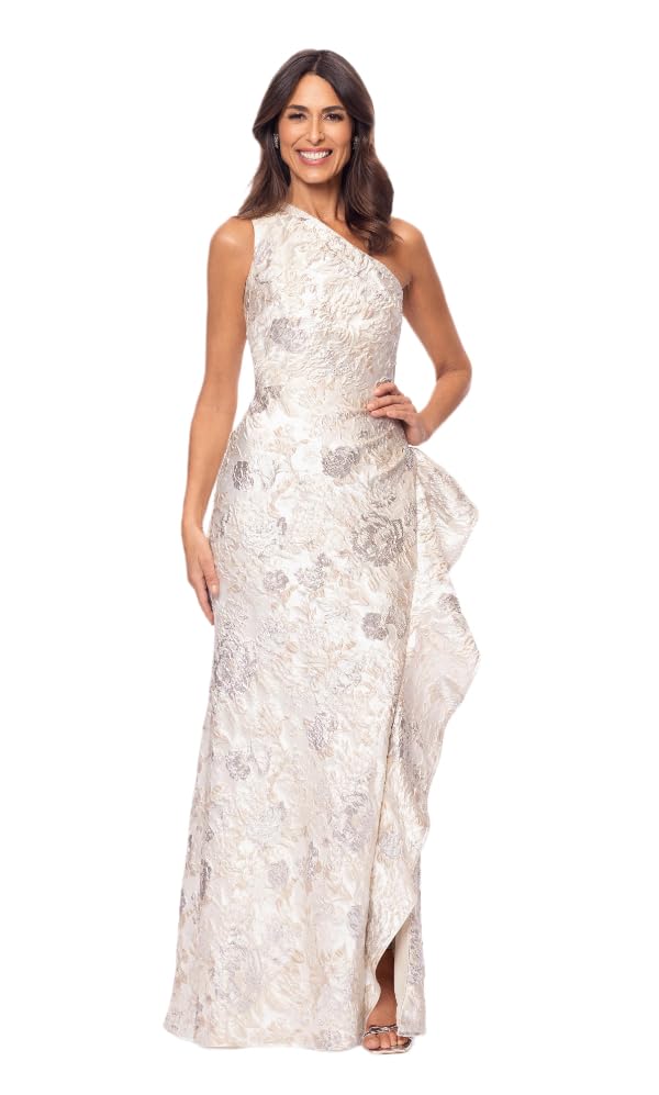 Xscape Women's One Shoulder Jaquard Side Ruffle Slit Gown, Champagne, 6