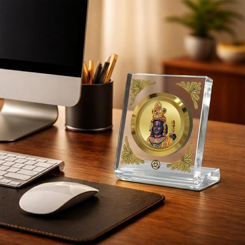 Image of DIVINITI 24K Gold Plated Lord Ram Lalla With Arch Acrylic Frame for Car Dashboard, Home Temple & Office Table | Premium Spiritual Gift, Blessings for Protection & Positivity, 8x7 cm