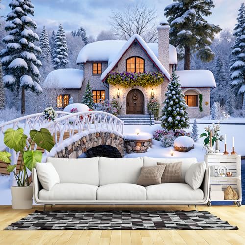 Murales de pared de tamaño personalizado, casa de campo de piedra cubierta de nieve y chimenea de ladrillo, tela de pared autoadhesiva (sin PVC), papel tapiz fotográfico grande extraíble para sala de