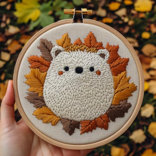 Punch Needle kit for Beginners, Punch Stitching kit for Adults, Needle Punch Kits for Adults – Autumn Leaves Hedgehog DIY Embroidery Set for Art and Crafts
