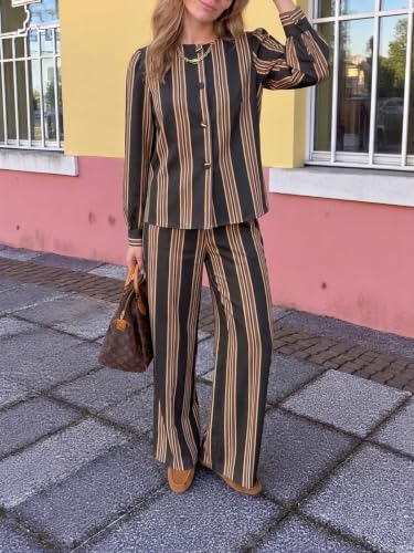 Womens Striped Linen Two Piece Outfit Shirt and Pants Set - image 3