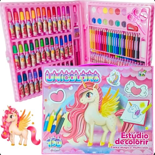 Conjunto de Desenho de 150 Peças Estojo Infantil para Presente para Meninas Kits de Arte + Desenhos de Colorir, Lápis de Cor, Canetinhas, Giz, Lápis, Aquarela Unicórnio