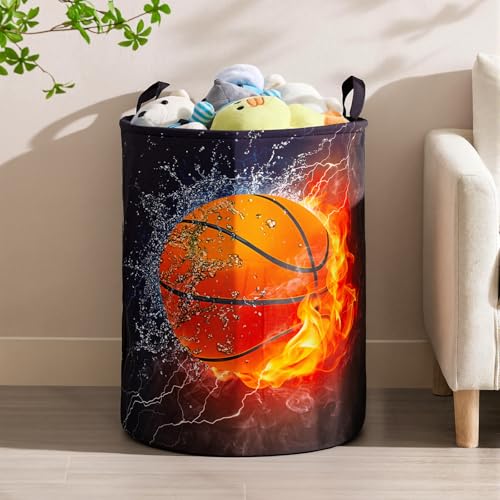 Image of 2Pcs Basketball Cute Kids Laundry Basket Baby Nursery Hamper Boys Room Decor Foldable Oxford Cloth Funny Tote Clothes Storage Bucket Organizer For Bedroom (Basketball)