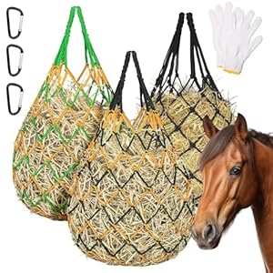 Zquilabon 3 Pack Slow Feed Hay Nets for Horses, 40-Inch Durable Mesh Hay Bags with Carabiners and Gloves, Durable Hanging Hay Net for Goat Sheep, Livestock Hay Feeder for Stable Trailer Pasture